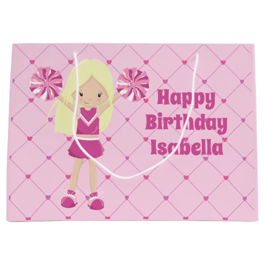 ピンクかわいらしクカスタムチアリーダー女子ピンク誕生日 ラージペーパーバッグ (正面)