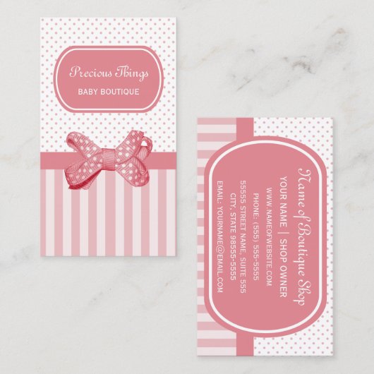 ピンクかわいらしクストライプ水玉模様ボウブティック 名刺 (正面/裏面)