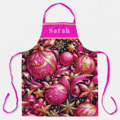 ピンクかわいらしクリスマスオーナメントの雪の結晶 エプロン (正面)