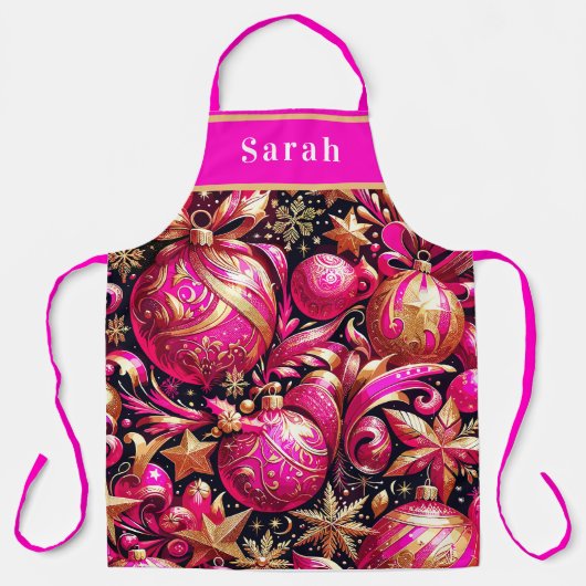 ピンクかわいらしクリスマスオーナメントの雪の結晶 エプロン (正面)