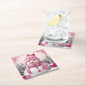 ピンクかわいらしクリスマス雪だるま スクエアペーパーコースター (インサイチュ)