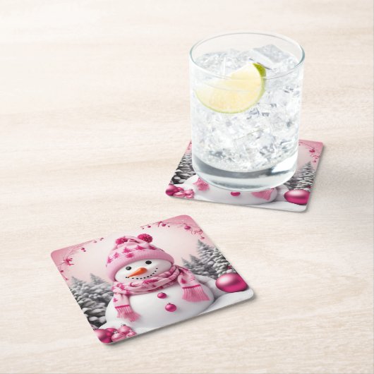ピンクかわいらしクリスマス雪だるま スクエアペーパーコースター (インサイチュ)