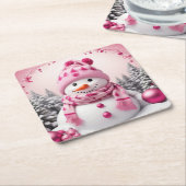 ピンクかわいらしクリスマス雪だるま スクエアペーパーコースター (アングル)