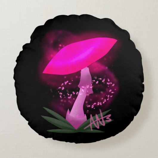 ピンクかわいらしク白熱［赤熱］光を放つキノコ ラウンドクッション (正面)
