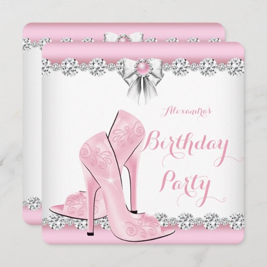 ピンクかわいらしグラマーハイヒール誕生日パーティー2 招待状 (正面/裏面)