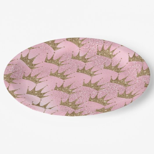 ピンクかわいらしグリッターと金ゴールドプリンセスクラウン ペーパープレート (アングル)