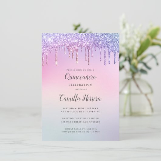 ピンクかわいらしグリッターグラディエントキンセニェラ誕生日 招待状 (スタンド正面)