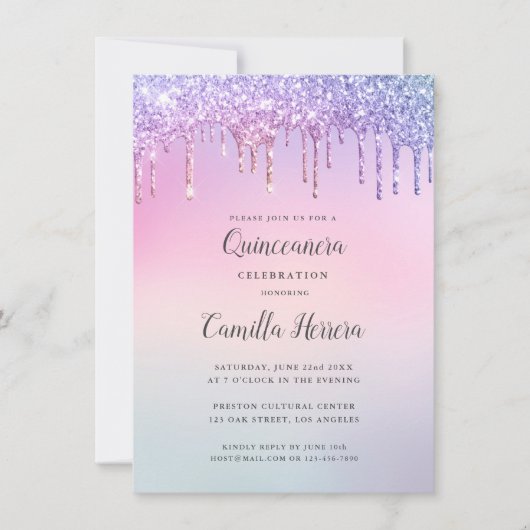 ピンクかわいらしグリッターグラディエントキンセニェラ誕生日 招待状 (正面)