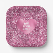 ピンクかわいらしグリッターグラムハート誕生日 ペーパープレート (正面)