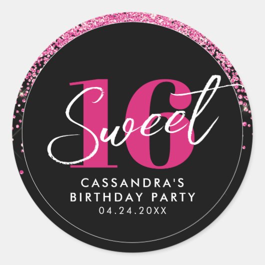 ピンクかわいらしグリッターグラムSweet sixteen ラウンドシール (正面)