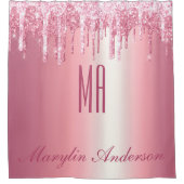 ピンクかわいらしグリッタードリップ名前をカスタムするモノグラム シャワーカーテン (正面)