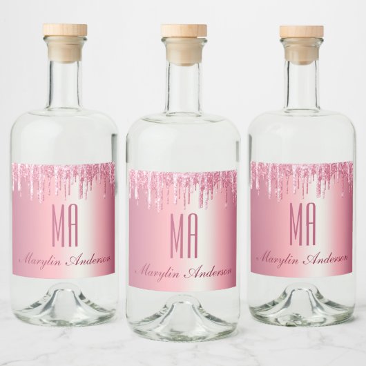 ピンクかわいらしグリッタードリップ名前をカスタムするモノグラム リキュールボトルラベル (ボトル)