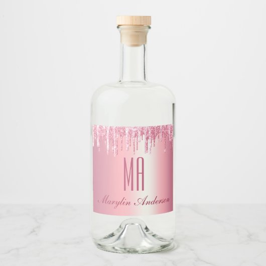 ピンクかわいらしグリッタードリップ名前をカスタムするモノグラム リキュールボトルラベル (正面)