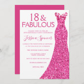 ピンクかわいらしグリッタードレス18thバースデーパーティー 招待状 (正面/裏面)
