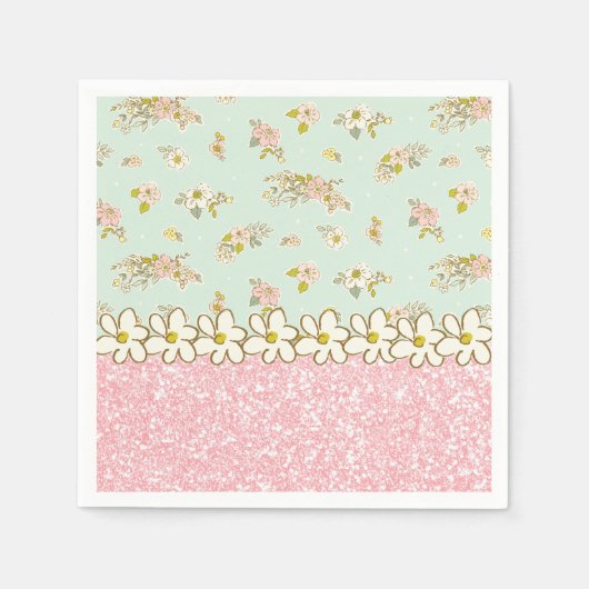 ピンクかわいらしグリッターフローラグリーンヴィンテージデイジー スタンダードカクテルナプキン (正面)