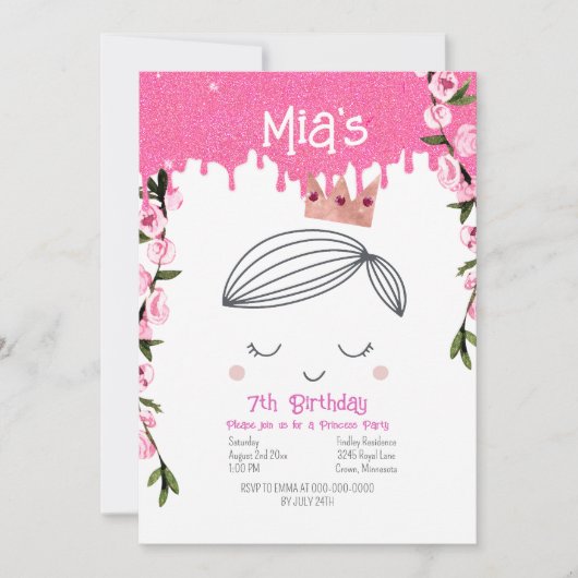 ピンクかわいらしグリッタープリンセスガールズ誕生日 招待状 (正面)