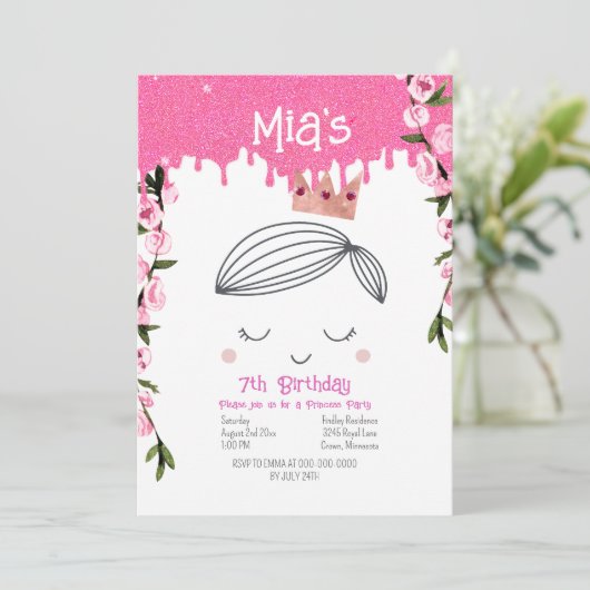 ピンクかわいらしグリッタープリンセスガールズ誕生日 招待状 (スタンド正面)