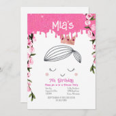 ピンクかわいらしグリッタープリンセスガールズ誕生日 招待状 (正面/裏面)