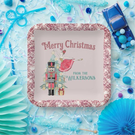 ピンクかわいらしグリッター&ティール(緑がかった色)くるみ割りクリスマスクリスマス ペーパープレート (パーティー)