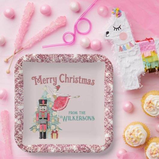 ピンクかわいらしグリッター&ティール(緑がかった色)くるみ割りクリスマスクリスマス ペーパープレート (パーティー)