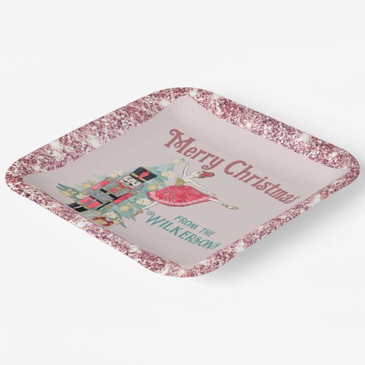 ピンクかわいらしグリッター&ティール(緑がかった色)くるみ割りクリスマスクリスマス ペーパープレート (傾斜あり)