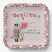 ピンクかわいらしグリッター&ティール(緑がかった色)くるみ割りクリスマスクリスマス ペーパープレート (正面)