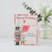 ピンクかわいらしグリッター&ティール(緑がかった色)くるみ割りクリスマスクリスマス ポストカード (スタンド正面)