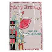 ピンクかわいらしグリッター&ティール（緑がかった色）くるみ割りクリスマスクリスマス ミディアムペーパーバッグ (裏面)