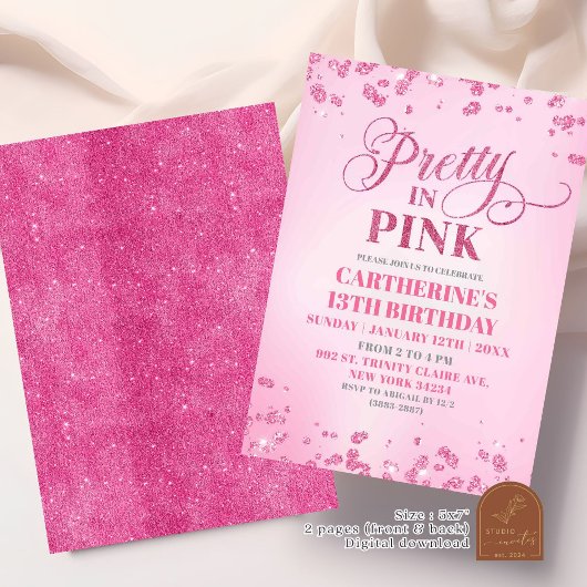 ピンクかわいらしグリッターinピンク誕生日パーティー 招待状