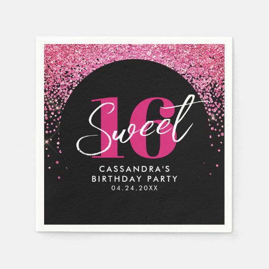 ピンクかわいらしグリッターSweet sixteen誕生会 スタンダードカクテルナプキン (正面)