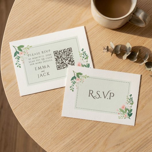 ピンクかわいらしグリーンフローラ結婚式RSVP QRコード エンクロージャーカード