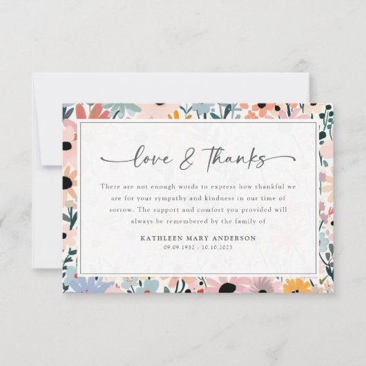 ピンクかわいらしグレイフローラ悔やみや弔慰葬儀 サンキューカード (正面)