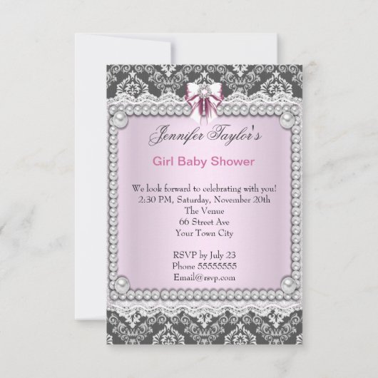 ピンクかわいらしグレイ女の子ベビーシャワーダマスク 招待状 (裏面)