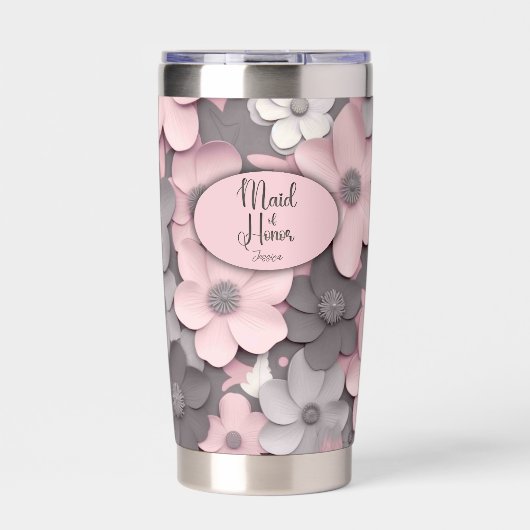 ピンクかわいらしグレイ3Dポピーメイド・オブ・オーナー(花嫁付き添い人) 保温保冷タンブラー (正面)