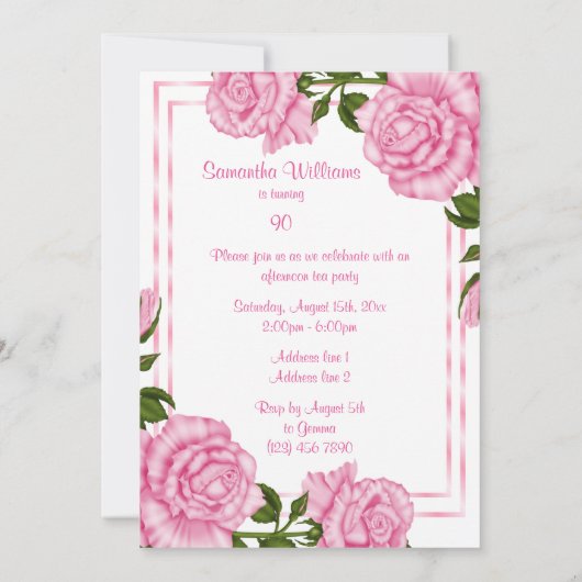 ピンクかわいらしコーナーブークェット90th誕生日 招待状 (裏面)