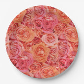 ピンクかわいらしコーラルレッドオレンジバラ花模様 ペーパープレート (正面)