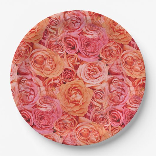 ピンクかわいらしコーラルレッドオレンジバラ花模様 ペーパープレート (正面)
