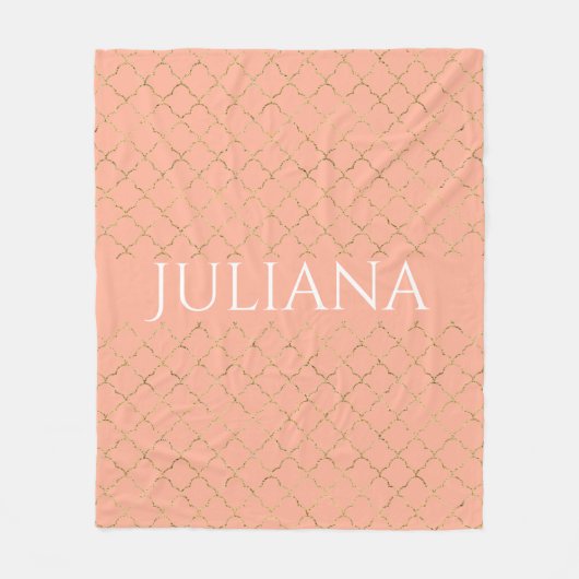ピンクかわいらしコーラル金ゴールドクローバーパーソナライズされた フリースブランケット (正面)