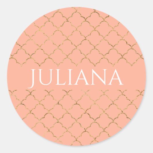 ピンクかわいらしコーラル金ゴールドクローバーパーソナライズされた ラウンドシール (正面)