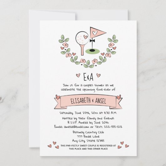 ピンクかわいらしゴフ結婚ルのカップルのシャワー招待状 招待状 (正面)