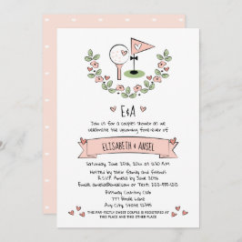ピンクかわいらしゴフ結婚ルのカップルのシャワー招待状 招待状