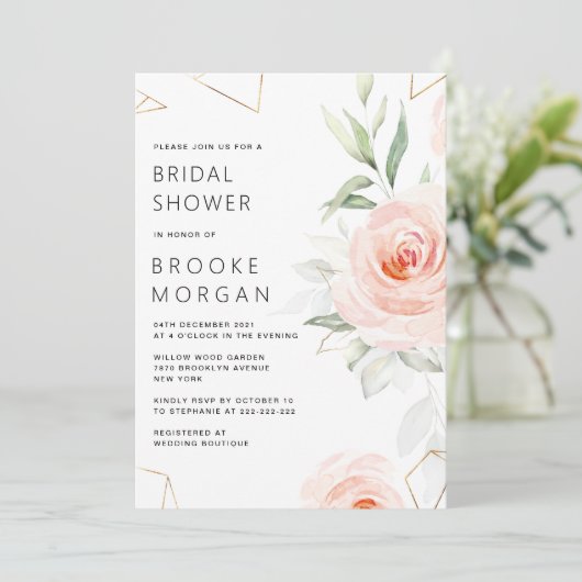 ピンクかわいらしシェード赤面幾何学的ブライダルシャワー 招待状 (スタンド正面)
