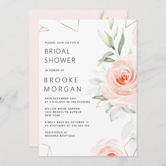 ピンクかわいらしシェード赤面幾何学的ブライダルシャワー 招待状 (正面/裏面)