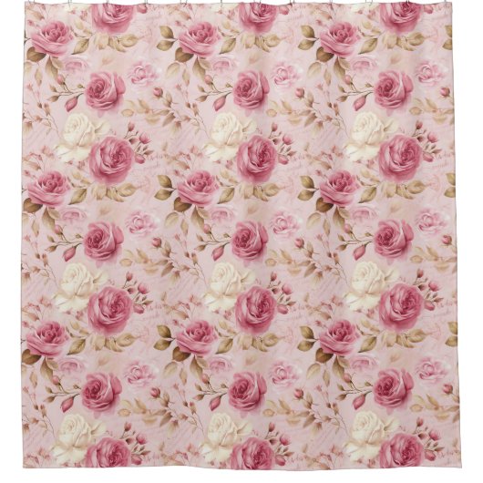 ピンクかわいらしシャビーのシックな花の柄 シャワーカーテン (正面)