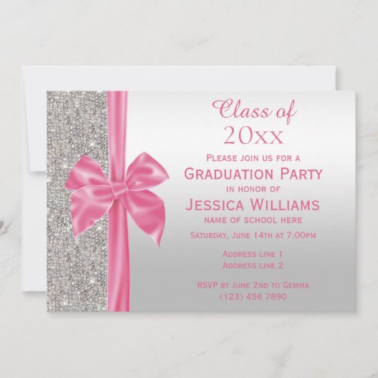 ピンクかわいらしシルクボウ&シルバーシークンズ卒業 招待状 (正面)