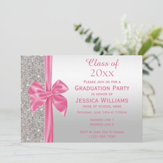 ピンクかわいらしシルクボウ&シルバーシークンズ卒業 招待状 (スタンド正面)