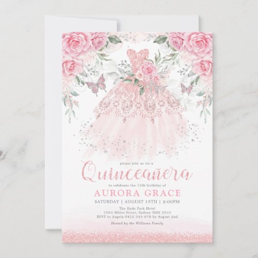 ピンクかわいらしシルバーキンセアニラプリンセスドレス 招待状 (正面)