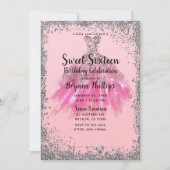 ピンクかわいらしシルバーグリッターパーティードレススウィート16 招待状 (正面)