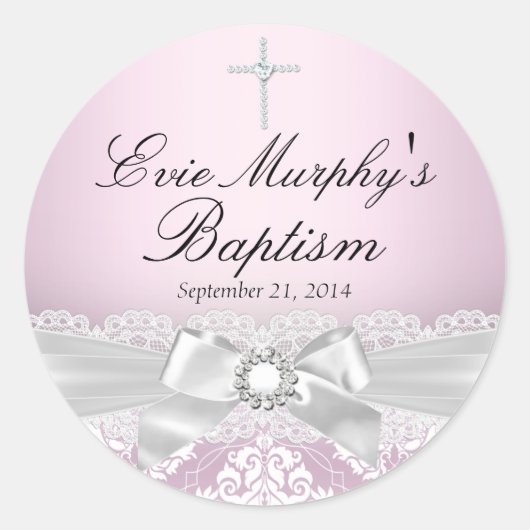 ピンクかわいらしシルバーダマスク&バプテスマのステッカー ラウンドシール (正面)