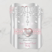 ピンクかわいらしシルバーハートダイアモンドティアラAnyパーティー 招待状 (正面/裏面)